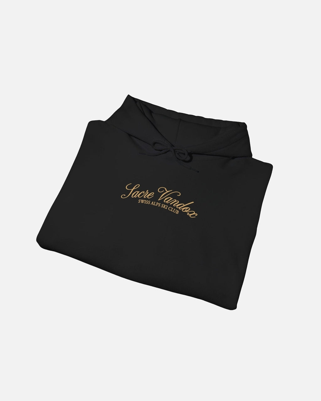 Folded View of Black Vandox Chalet Edit hoodie with gold Sacre Vandox Swiss Alps Ski Club script chest graphic. Starboy old money hoodie sweatshirt clothes vandox sacrevandox vandox clothes vandox clothing