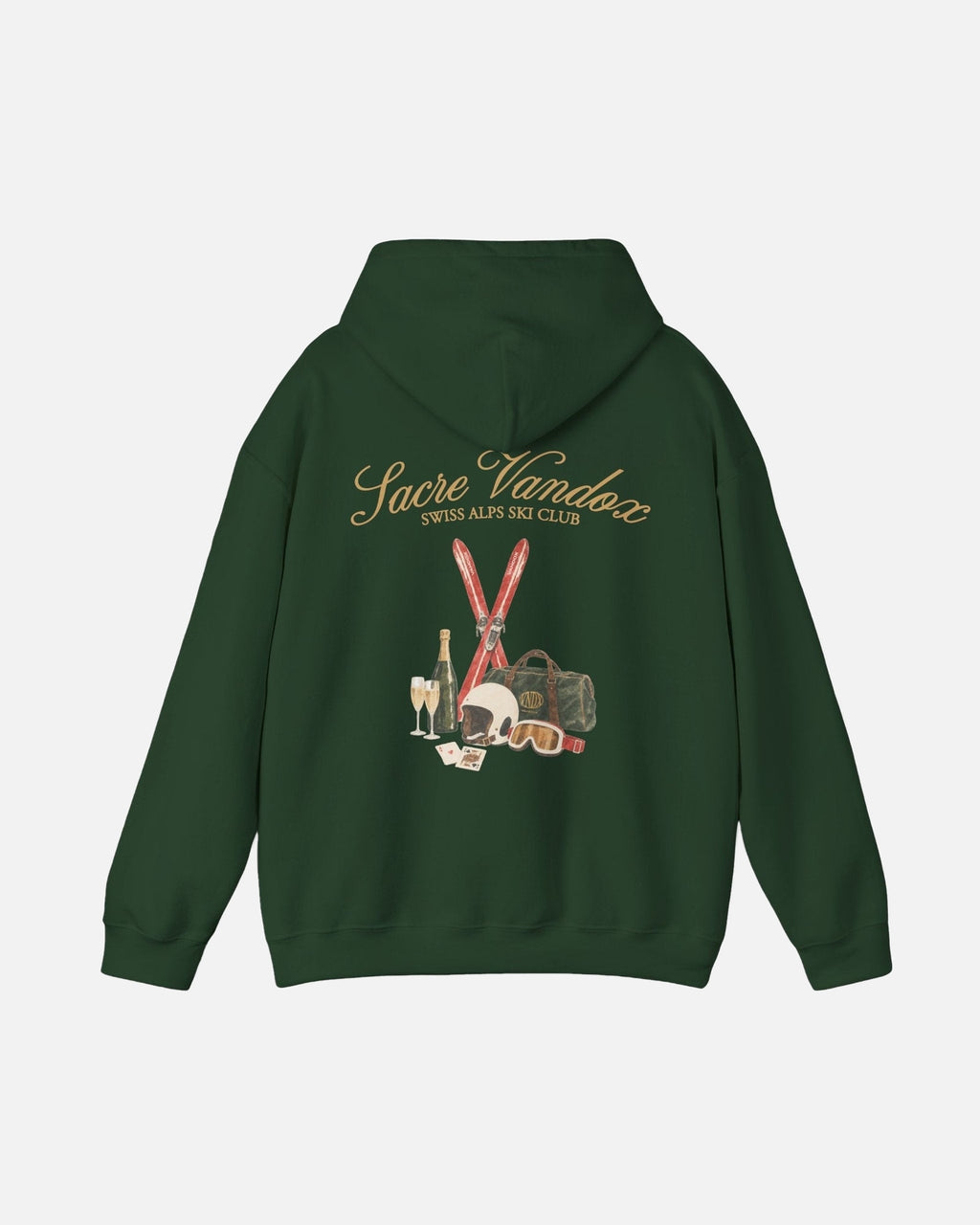 Forest Green Vandox Chalet Edit hoodie back view with illustrated ski essentials including red skis helmet goggles Vandox duffle champagne and playing cards. Starboy old money hoodie sweatshirt clothes vandox sacrevandox vandox clothes vandox clothing