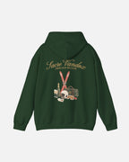 Forest Green Vandox Chalet Edit hoodie back view with illustrated ski essentials including red skis helmet goggles Vandox duffle champagne and playing cards. Starboy old money hoodie sweatshirt clothes vandox sacrevandox vandox clothes vandox clothing