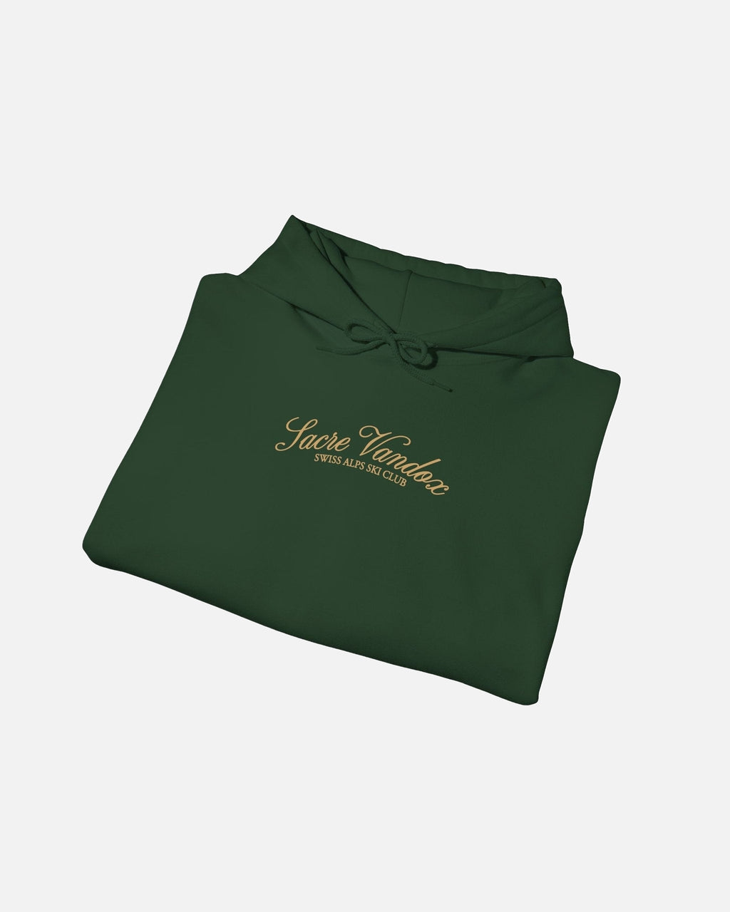 Folded View of Forest Green Vandox Chalet Edit hoodie with gold Sacre Vandox Swiss Alps Ski Club script chest graphic. Starboy old money hoodie sweatshirt clothes vandox sacrevandox vandox clothes vandox clothing