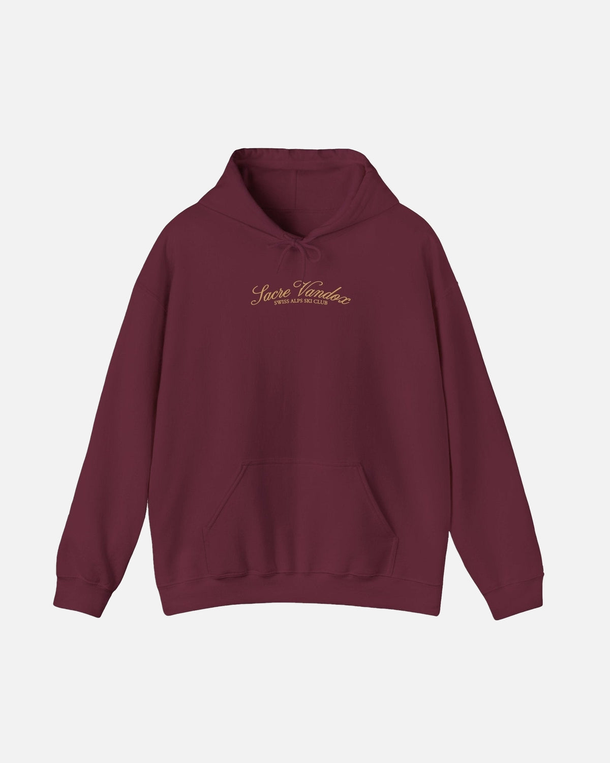 Maroon Vandox Chalet Edit hoodie with gold Sacre Vandox Swiss Alps Ski Club script chest graphic. Starboy old money hoodie sweatshirt clothes vandox sacrevandox vandox clothes vandox clothing