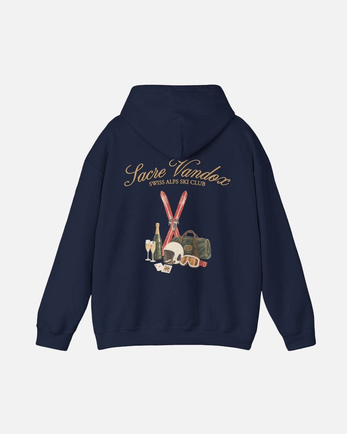 Navy Vandox Chalet Edit hoodie back view with illustrated ski essentials including red skis helmet goggles Vandox duffle champagne and playing cards. Starboy old money hoodie sweatshirt clothes vandox sacrevandox vandox clothes vandox clothing