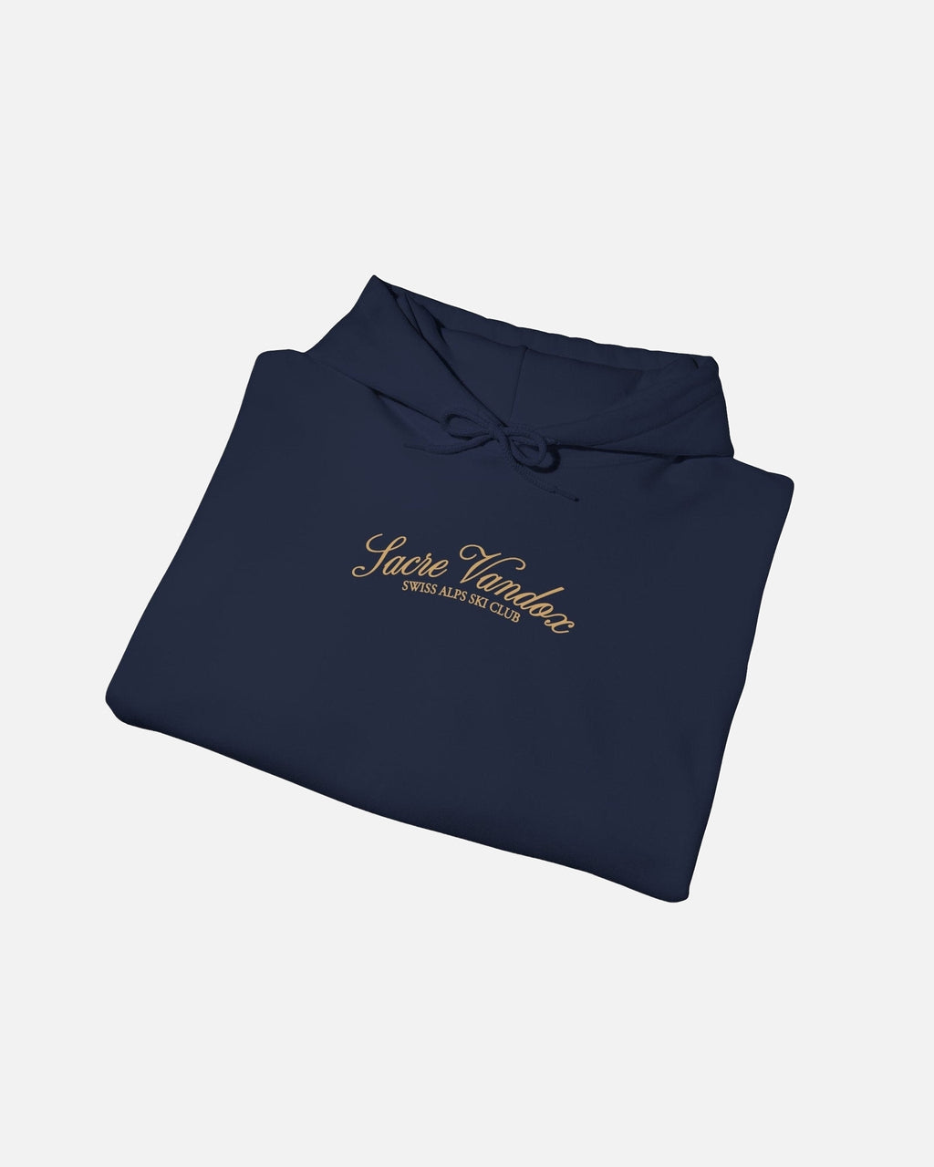 Folded View of Navy Vandox Chalet Edit hoodie with gold Sacre Vandox Swiss Alps Ski Club script chest graphic. Starboy old money hoodie sweatshirt clothes vandox sacrevandox vandox clothes vandox clothing