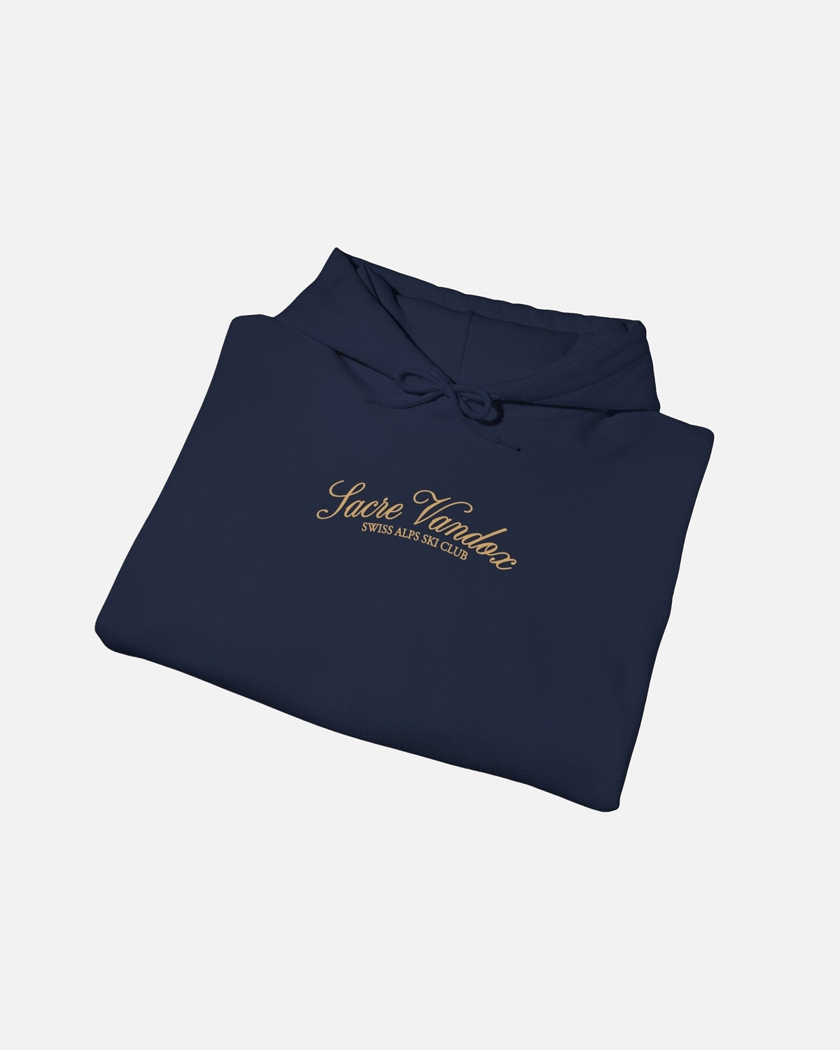 Folded View of Navy Vandox Chalet Edit hoodie with gold Sacre Vandox Swiss Alps Ski Club script chest graphic. Starboy old money hoodie sweatshirt clothes vandox sacrevandox vandox clothes vandox clothing