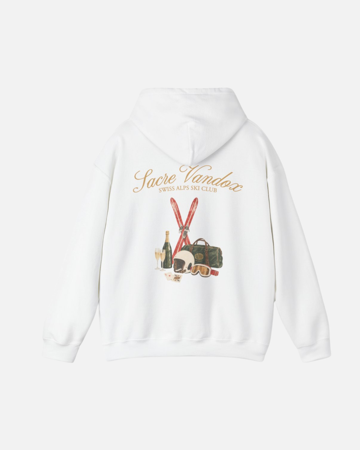 White Vandox Chalet Edit hoodie back view with illustrated ski essentials including red skis helmet goggles Vandox duffle champagne and playing cards. Starboy old money hoodie sweatshirt clothes vandox sacrevandox vandox clothes vandox clothing