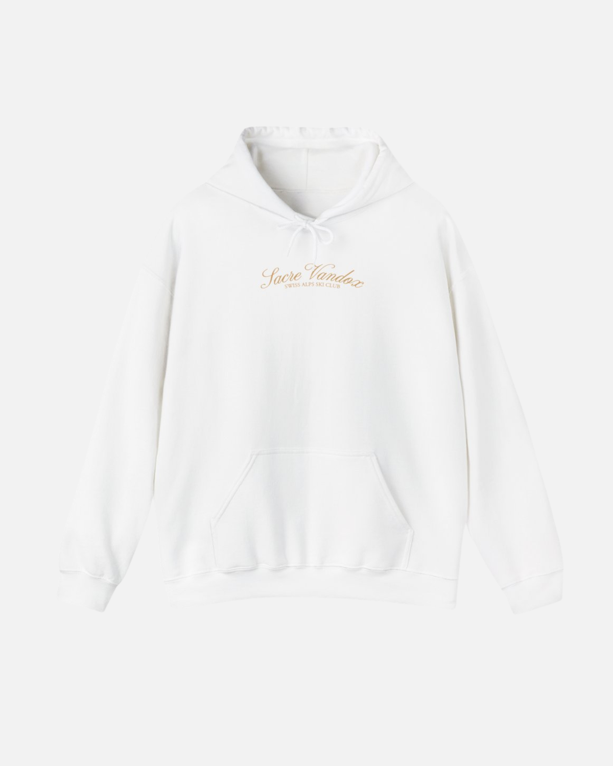 White Vandox Chalet Edit hoodie with gold Sacre Vandox Swiss Alps Ski Club script chest graphic. Starboy old money hoodie sweatshirt clothes vandox sacrevandox vandox clothes vandox clothing