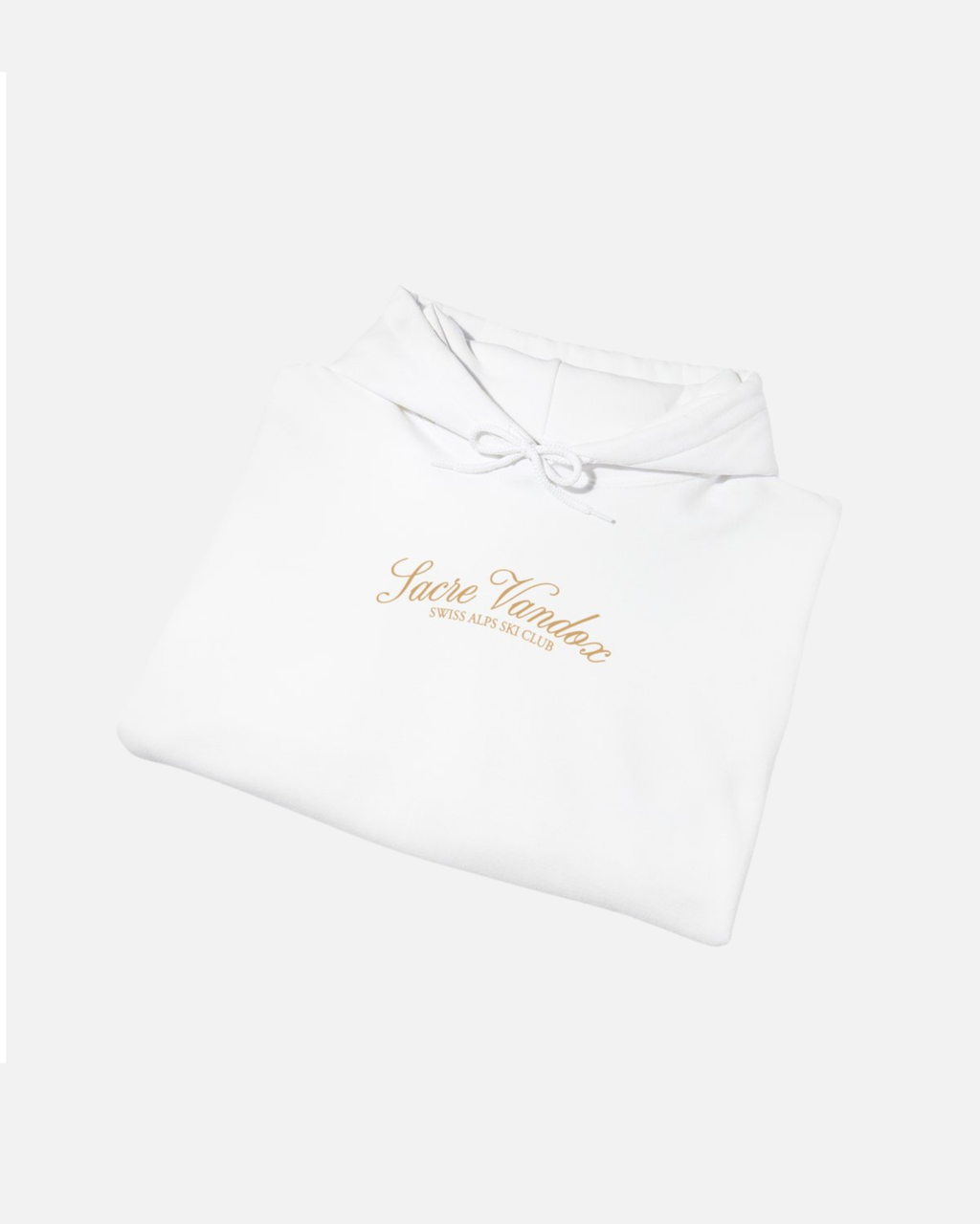 Folded View of White Vandox Chalet Edit hoodie with gold Sacre Vandox Swiss Alps Ski Club script chest graphic. Starboy old money hoodie sweatshirt clothes vandox sacrevandox vandox clothes vandox clothing