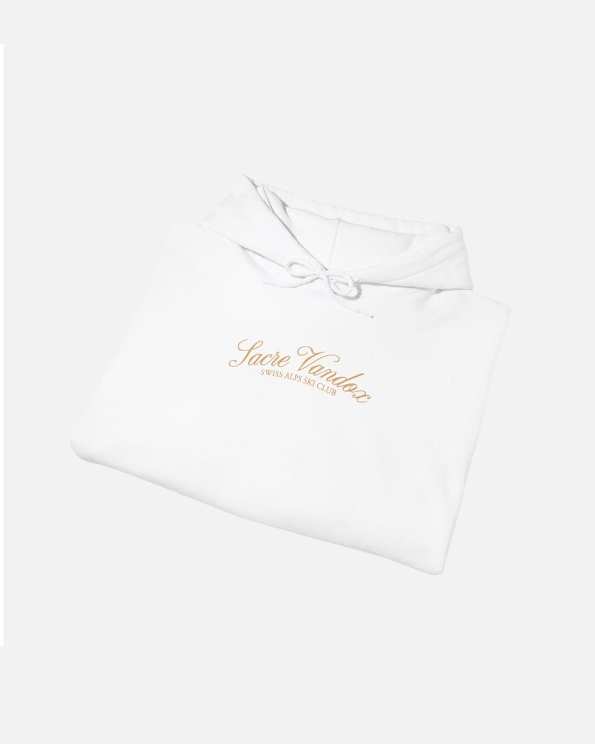 Folded View of White Vandox Chalet Edit hoodie with gold Sacre Vandox Swiss Alps Ski Club script chest graphic. Starboy old money hoodie sweatshirt clothes vandox sacrevandox vandox clothes vandox clothing