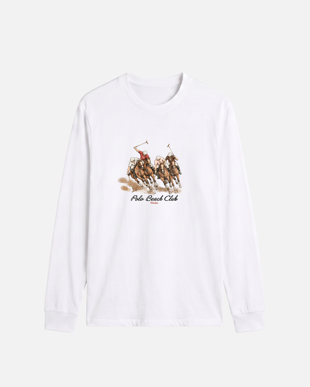 White Vandox chukka longsleeve t-shirt with watercolour polo match illustration and Polo Beach Club Vandox text. Starboy old money shirt tshirt longsleeve crewneck clothes vandox sacrevandox vandox clothes vandox clothing