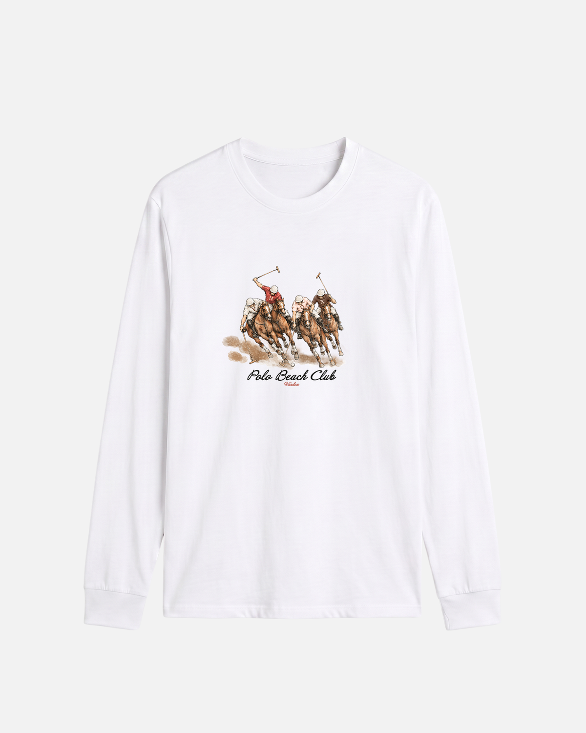 White Vandox chukka longsleeve t-shirt with watercolour polo match illustration and Polo Beach Club Vandox text. Starboy old money shirt tshirt longsleeve crewneck clothes vandox sacrevandox vandox clothes vandox clothing