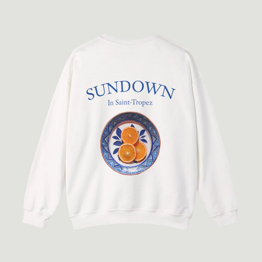 Back view of the Eggshell White Vandox Citrus Sunset Crewneck featuring a decorative plate of sliced oranges and "Sundown in Saint-Tropez" text. Starboy old money hoodie sweatshirt clothes vandox sacrevandox vandox clothes vandox clothing crewneck