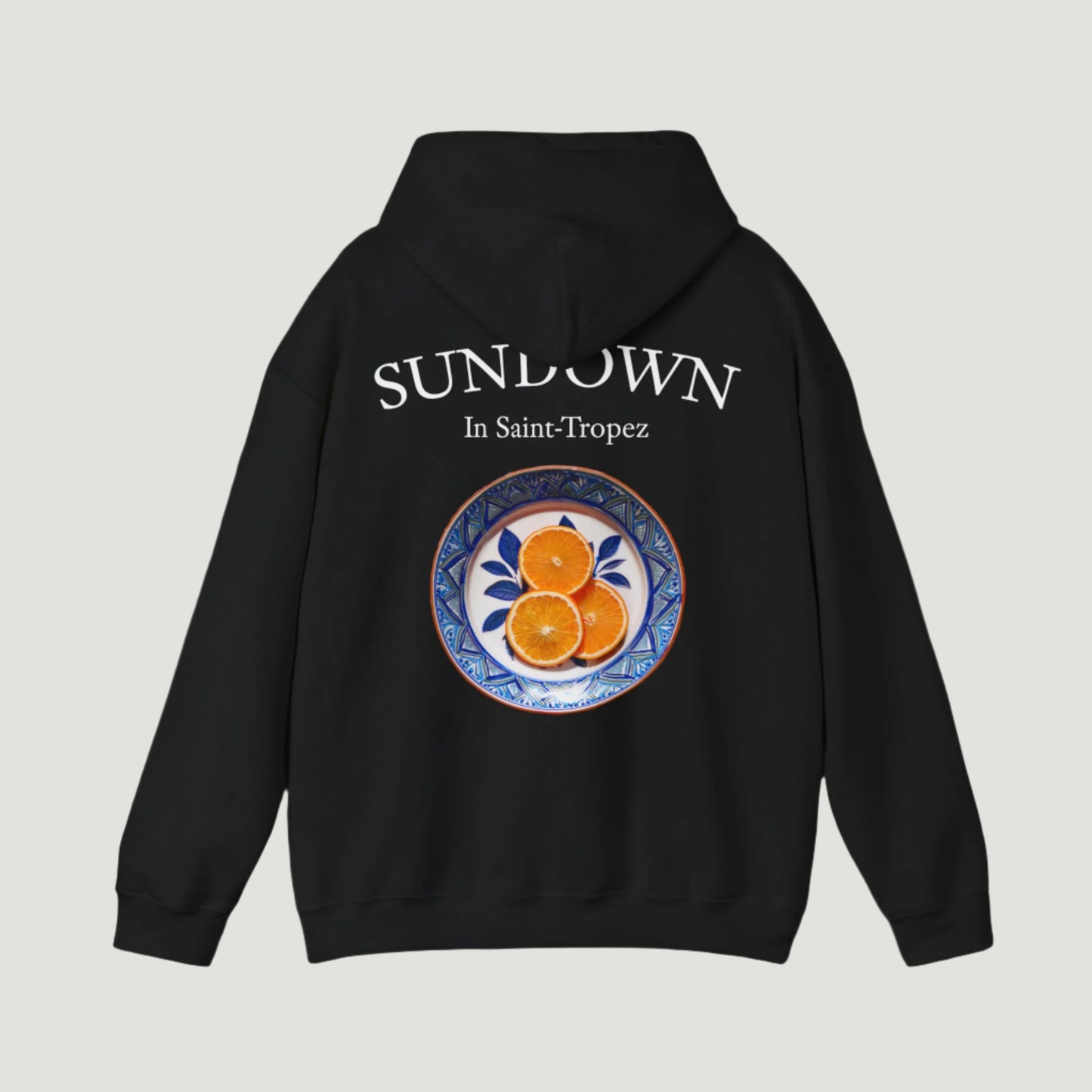 Back view of Deep Dark Citrus Sunset Hoodie featuring Saint-Tropez citrus plate graphic and Sundown script from Vandox SS25 Collection. Starboy old money hoodie sweatshirt clothes vandox sacrevandox vandox clothes vandox clothing