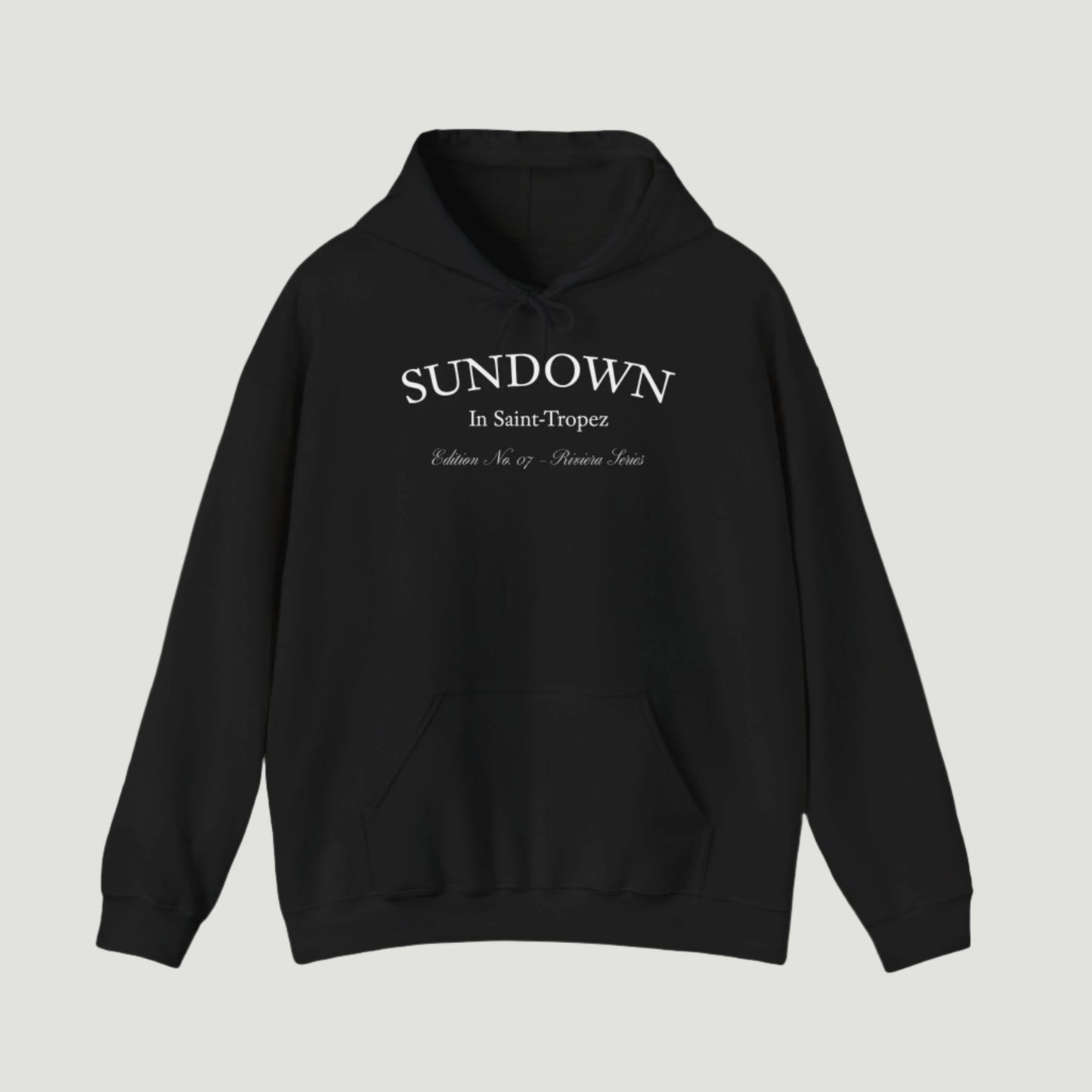 Front view of Deep Dark Citrus Sunset Hoodie featuring Saint-Tropez citrus plate graphic and Sundown script from Vandox SS25 Collection. Starboy old money hoodie sweatshirt clothes vandox sacrevandox vandox clothes vandox clothing