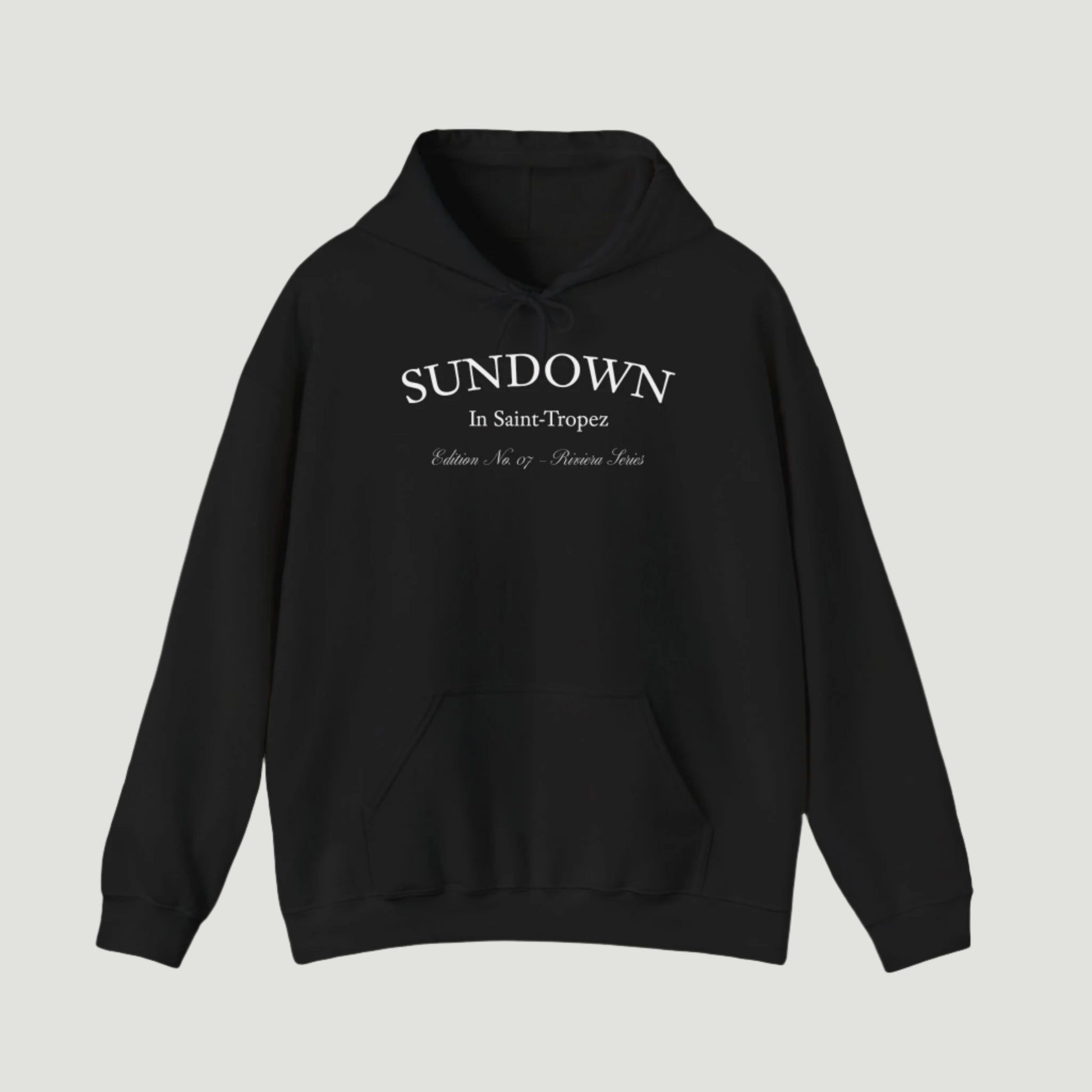 Front view of Deep Dark Citrus Sunset Hoodie featuring Saint-Tropez citrus plate graphic and Sundown script from Vandox SS25 Collection. Starboy old money hoodie sweatshirt clothes vandox sacrevandox vandox clothes vandox clothing