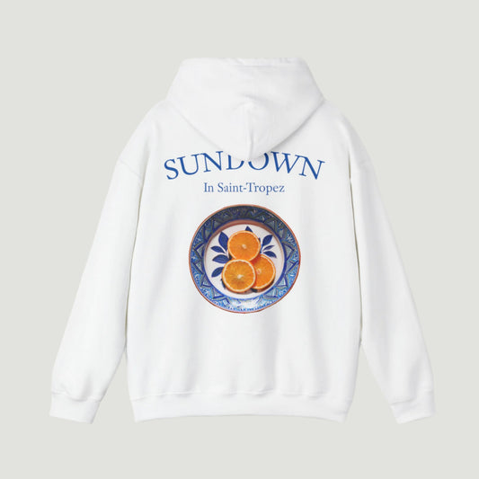 Back view of Eggshell White Citrus Sunset Hoodie featuring Saint-Tropez citrus plate graphic and Sundown script from Vandox SS25 Collection. Starboy old money hoodie sweatshirt clothes vandox sacrevandox vandox clothes vandox clothing