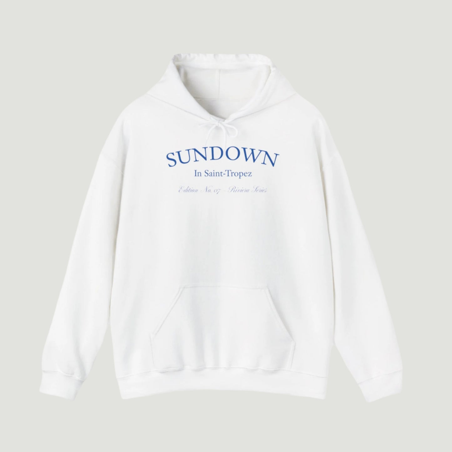 Front view of Eggshell White Citrus Sunset Hoodie featuring Saint-Tropez citrus plate graphic and Sundown script from Vandox SS25 Collection. Starboy old money hoodie sweatshirt clothes vandox sacrevandox vandox clothes vandox clothing