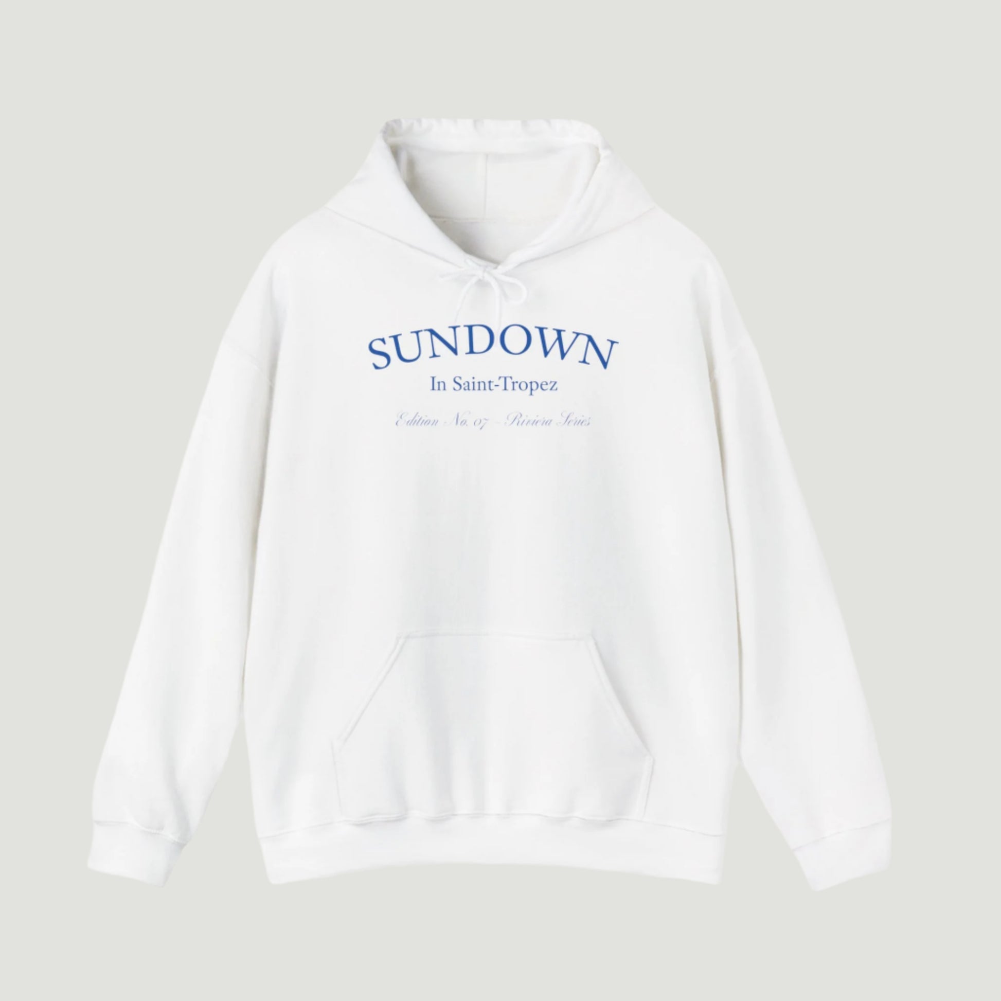 Front view of Eggshell White Citrus Sunset Hoodie featuring Saint-Tropez citrus plate graphic and Sundown script from Vandox SS25 Collection. Starboy old money hoodie sweatshirt clothes vandox sacrevandox vandox clothes vandox clothing