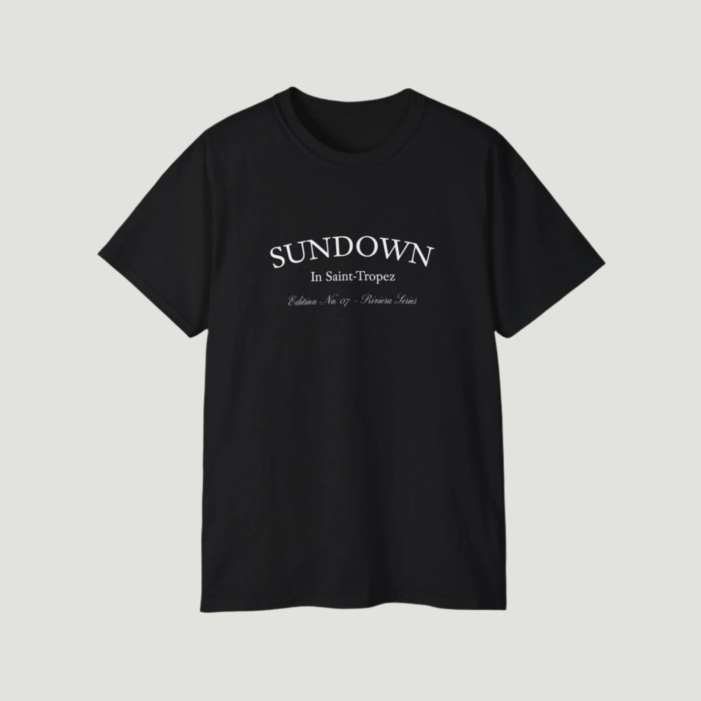 Deep Black Vandox Citrus Sunset T-Shirt with small Saint-Tropez “Sundown” chest print and large back graphic of oranges on a Mediterranean plate. Starboy old money shirt tshirt clothes vandox sacrevandox vandox clothes vandox clothing