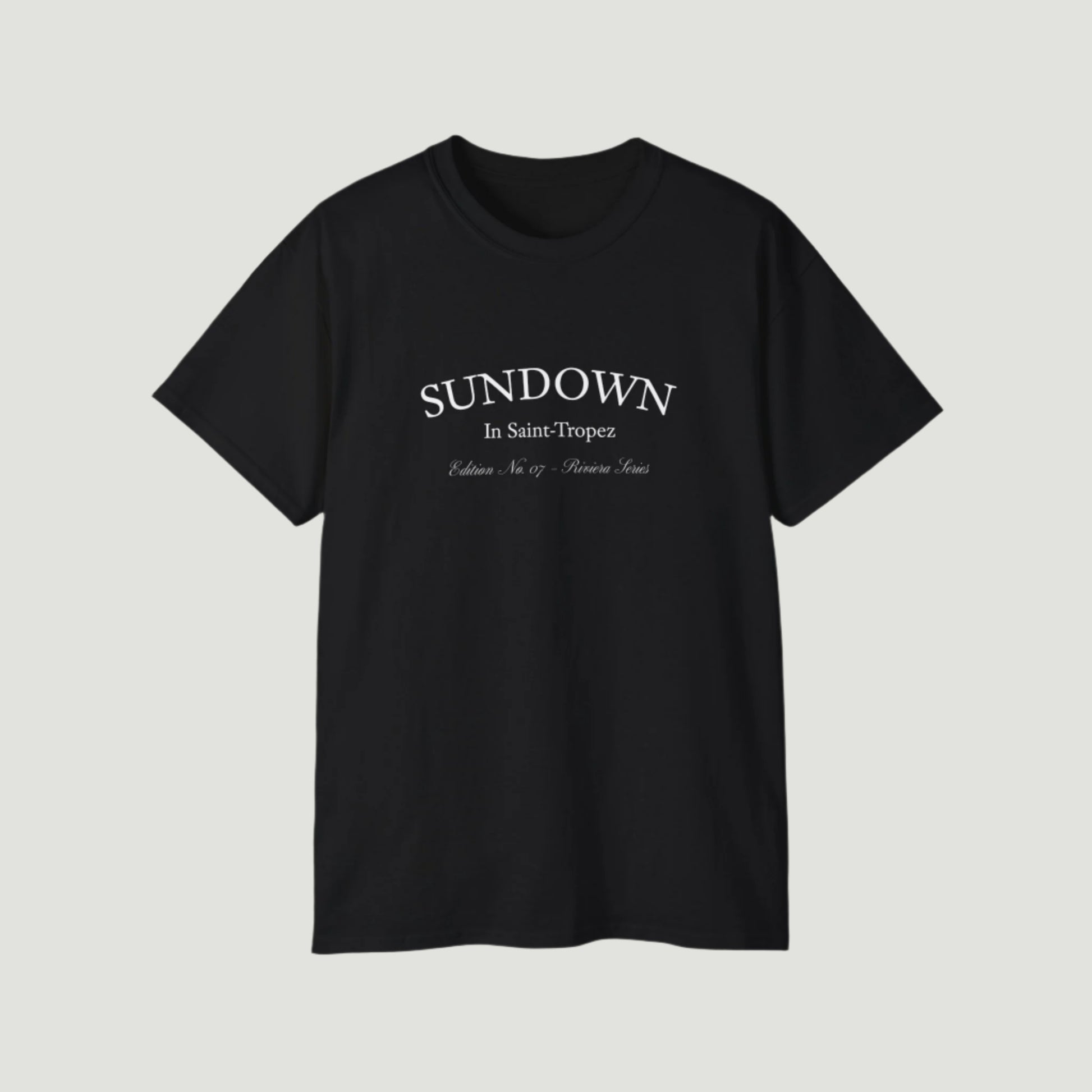 Deep Black Vandox Citrus Sunset T-Shirt with small Saint-Tropez “Sundown” chest print and large back graphic of oranges on a Mediterranean plate. Starboy old money shirt tshirt clothes vandox sacrevandox vandox clothes vandox clothing