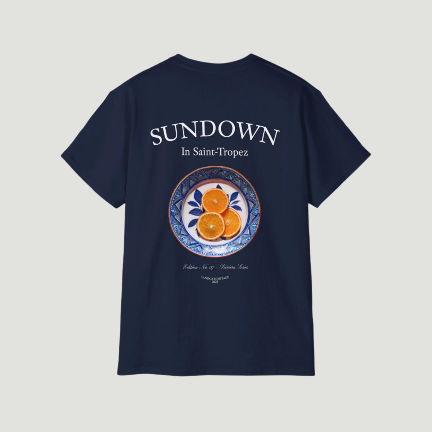 Navy Deep Blue Vandox Citrus Sunset T-Shirt with small Saint-Tropez “Sundown” chest print and large back graphic of oranges on a Mediterranean plate. Starboy old money shirt tshirt clothes vandox sacrevandox vandox clothes vandox clothing
