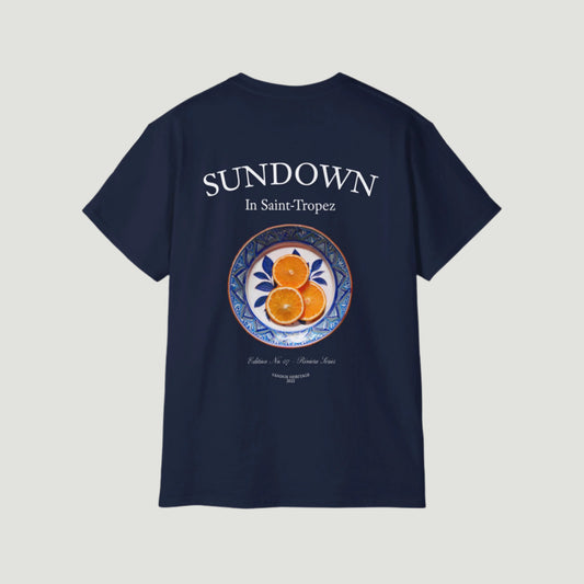 Navy Deep Blue Vandox Citrus Sunset T-Shirt with small Saint-Tropez “Sundown” chest print and large back graphic of oranges on a Mediterranean plate. Starboy old money shirt tshirt clothes vandox sacrevandox vandox clothes vandox clothing