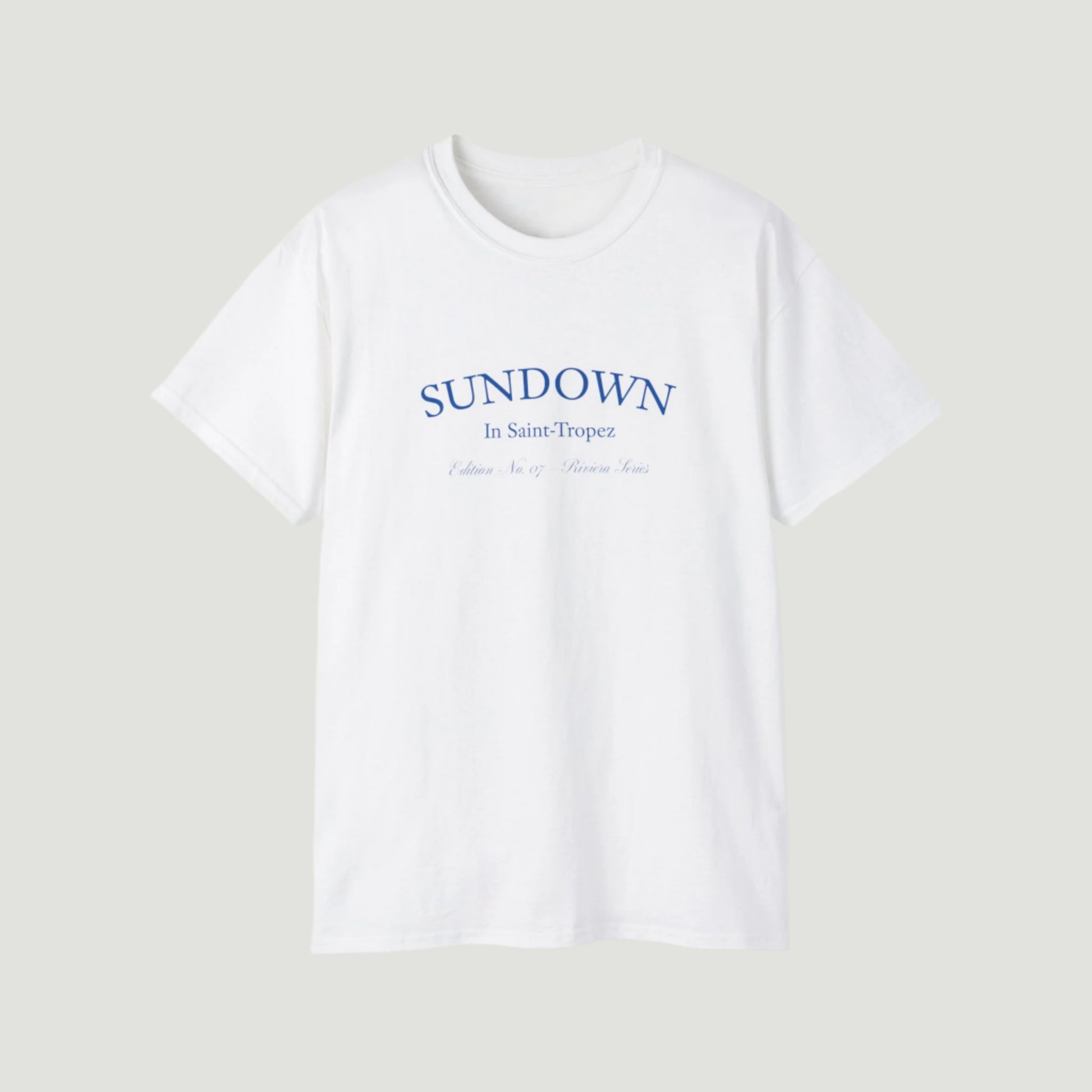 Eggshell White Vandox Citrus Sunset T-Shirt with small Saint-Tropez “Sundown” chest print and large back graphic of oranges on a Mediterranean plate. Starboy old money shirt tshirt clothes vandox sacrevandox vandox clothes vandox clothing
