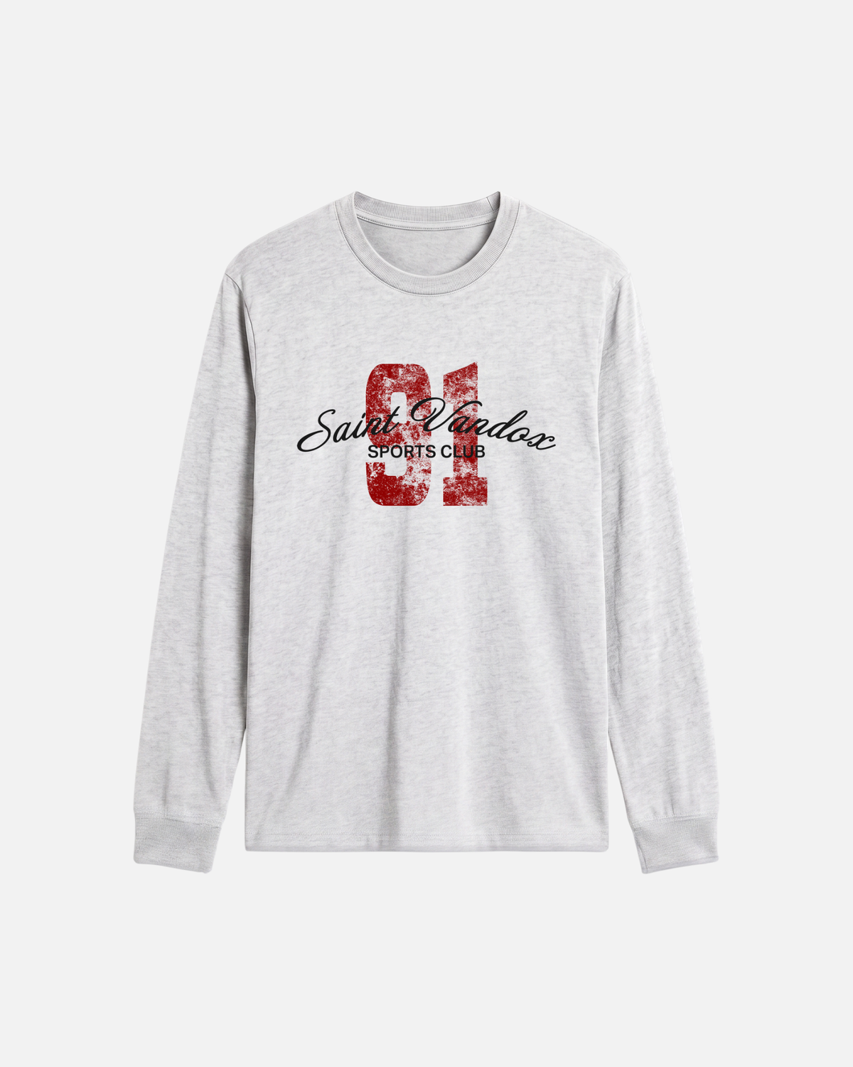 Ash sport grey heather gray Vandox Cortina Longsleeve, front view with distressed red 91 and Saint Vandox Sports Club script graphic, luxury streetwear longsleeve. Starboy old money longsleeve vandox sacrevandox vandox clothes vandox clothing