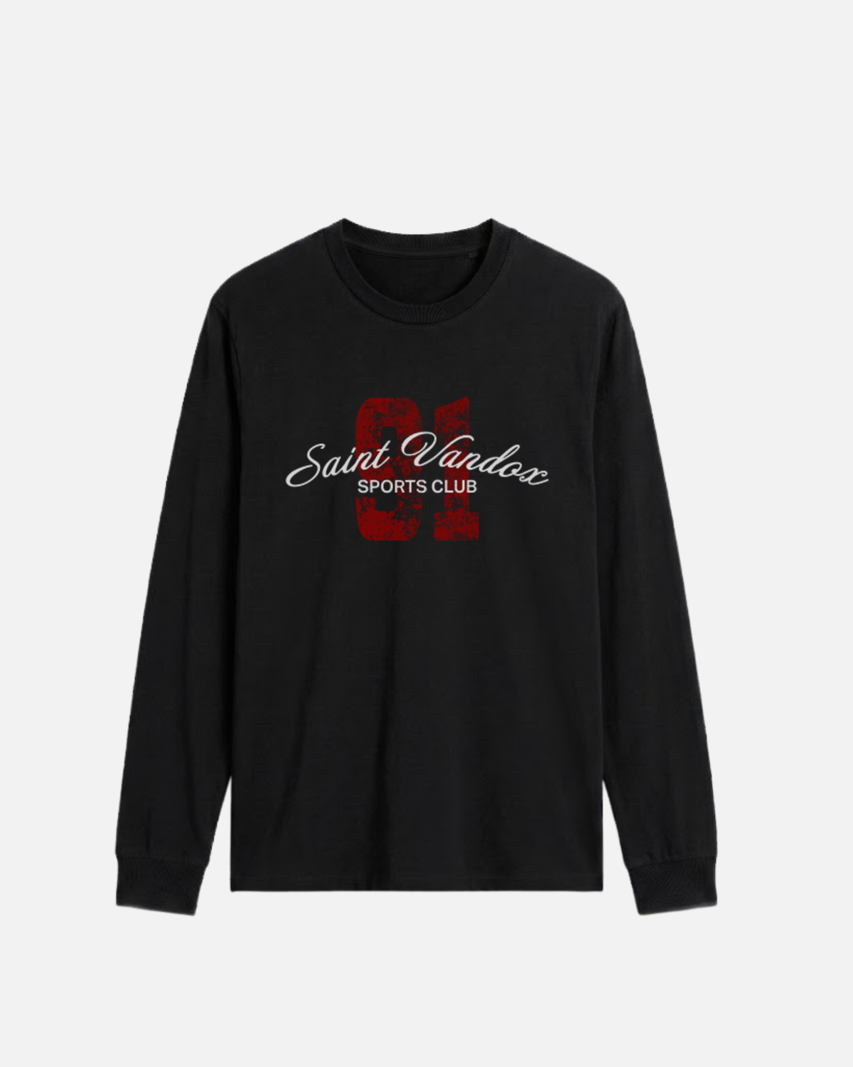 Black Vandox Cortina Longsleeve, front view with distressed red 91 and Saint Vandox Sports Club script graphic, luxury streetwear longsleeve. Starboy old money longsleeve vandox sacrevandox vandox clothes vandox clothing