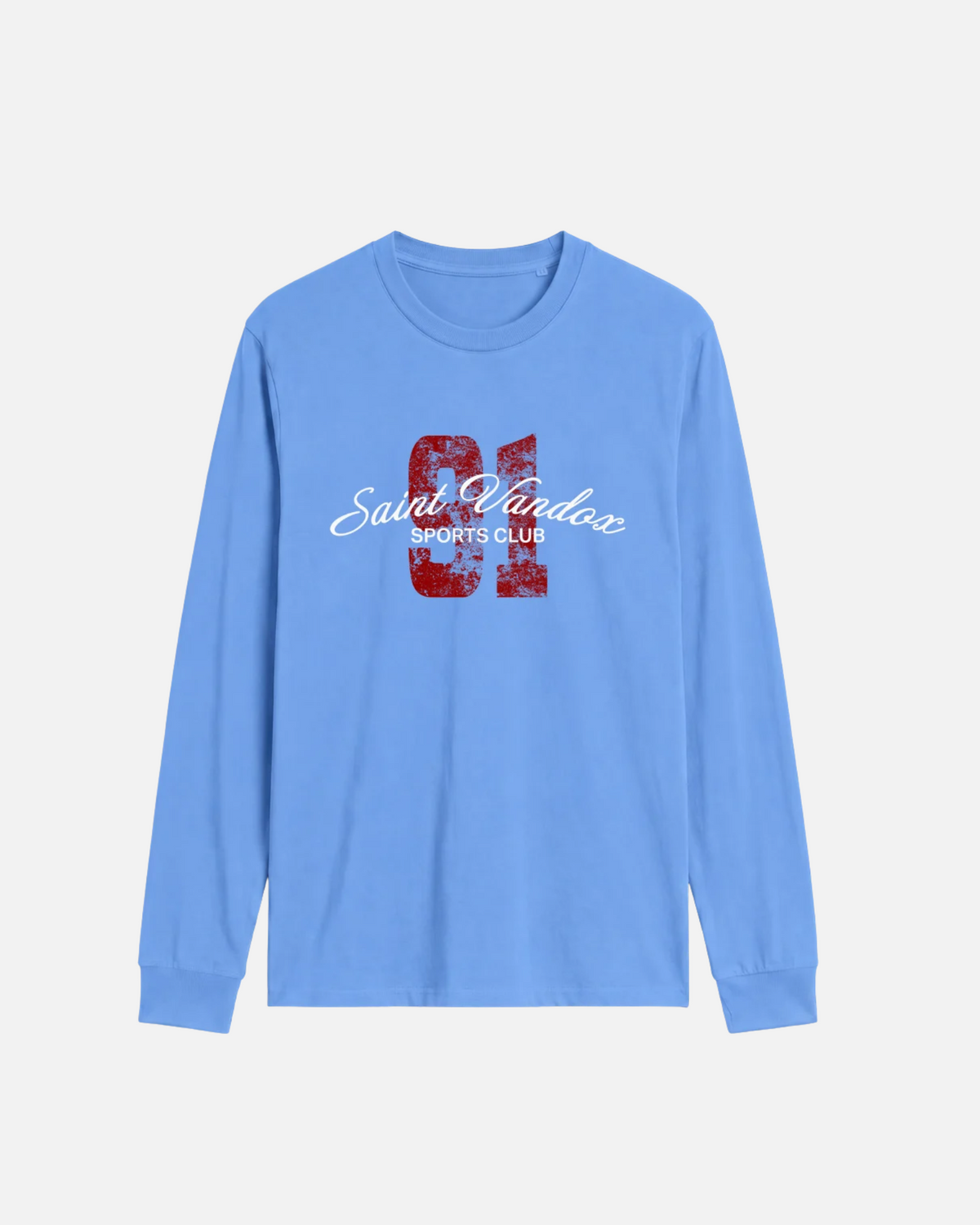 Carolina blue light blue baby blue Vandox Cortina Longsleeve, front view with distressed red 91 and Saint Vandox Sports Club script graphic, luxury streetwear longsleeve. Starboy old money longsleeve vandox sacrevandox vandox clothes vandox clothing