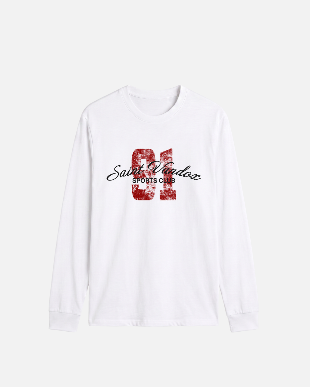 White eggshell white offwhite Vandox Cortina Longsleeve, front view with distressed red 91 and Saint Vandox Sports Club script graphic, luxury streetwear longsleeve. Starboy old money longsleeve vandox sacrevandox vandox clothes vandox clothing