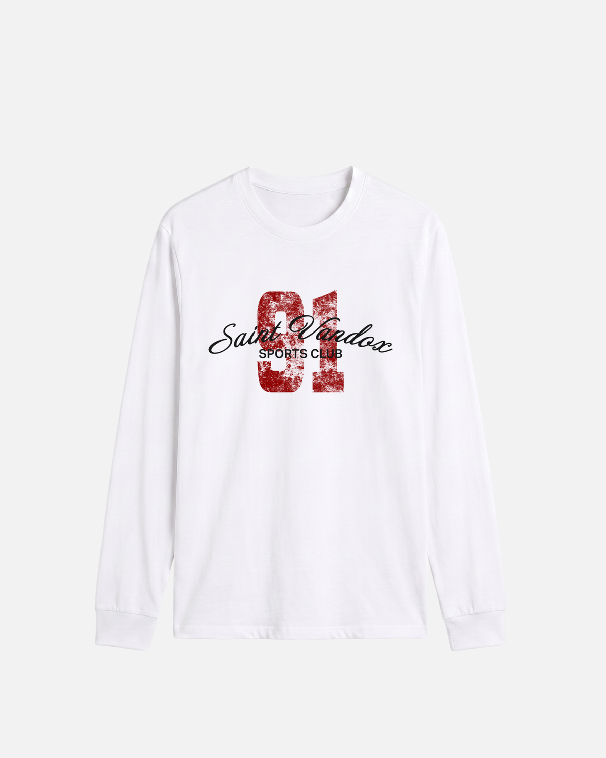 White eggshell white offwhite Vandox Cortina Longsleeve, front view with distressed red 91 and Saint Vandox Sports Club script graphic, luxury streetwear longsleeve. Starboy old money longsleeve vandox sacrevandox vandox clothes vandox clothing