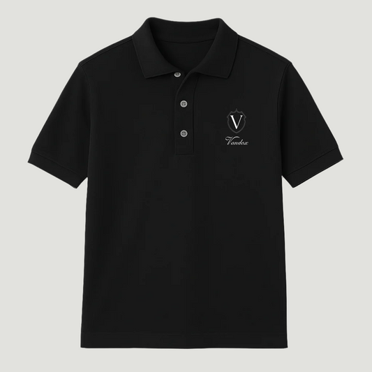 Deep Black Vandox Crest Polo featuring minimalist royal crest with signature “V” emblem and script branding, blending timeless elegance and modern refinement. Starboy old money polo shirt clothes vandox sacrevandox vandox clothes vandox clothing