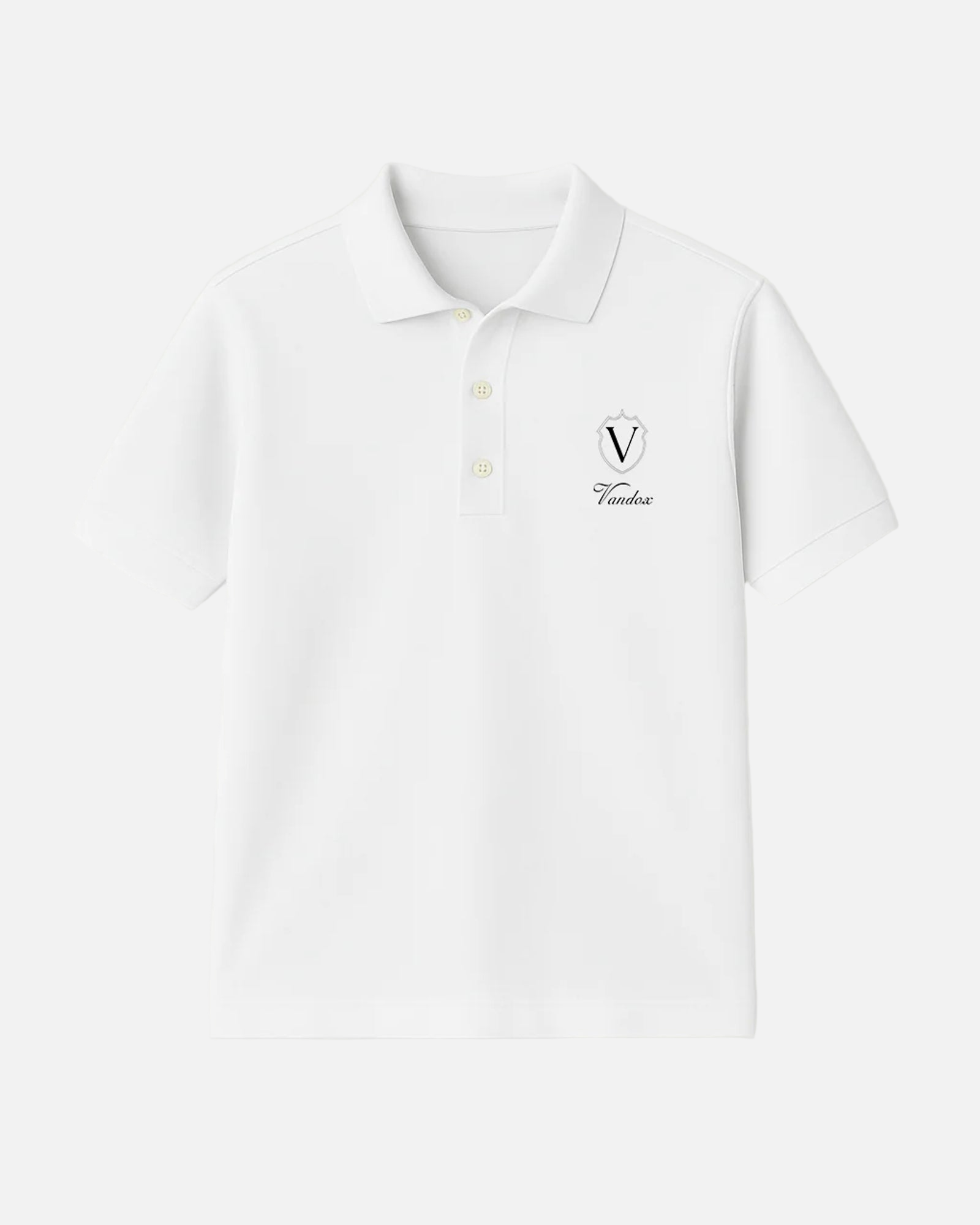 Front view of the Eggshell White Vandox Crest Polo with embroidered “V” emblem inside a shield and crown, paired with Vandox script. Starboy old money polo shirt clothes vandox sacrevandox vandox clothes vandox clothing