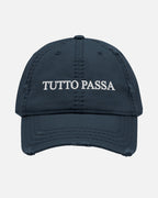 Dark Navy distressed baseball cap with white embroidered Tutto Passa text. Hat Cap Baseball Cap Baseball Hat starboy hat old money hats vandox sacre vandox sacrevandox vandox clothing