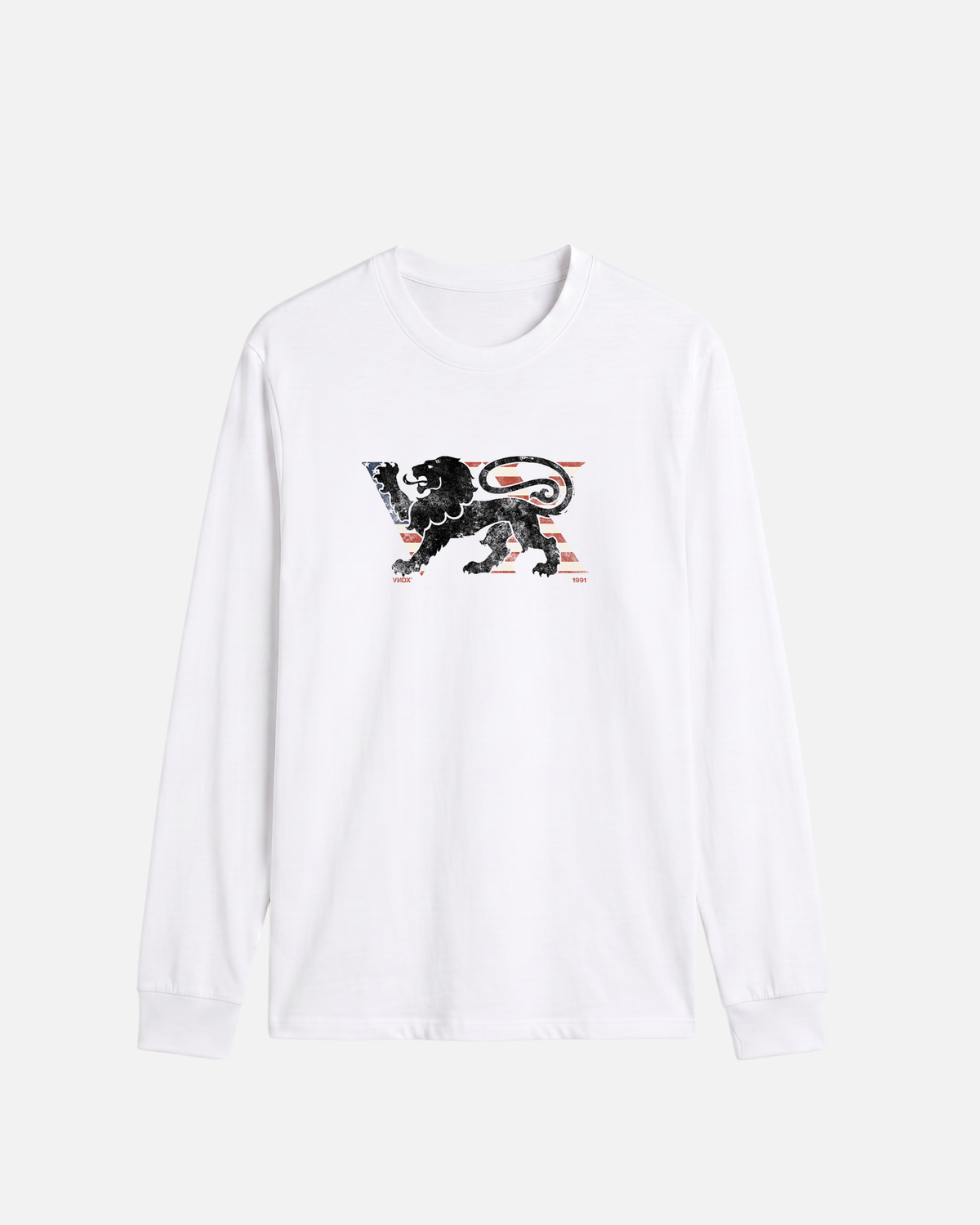 white offwhite eggshell white Vandox Egg Longsleeve, front view with distressed black lion crest over striped VNDX lettering and 1991 detail, luxury streetwear longsleeve. Starboy old money longsleeve vandox sacrevandox vandox clothes vandox clothing