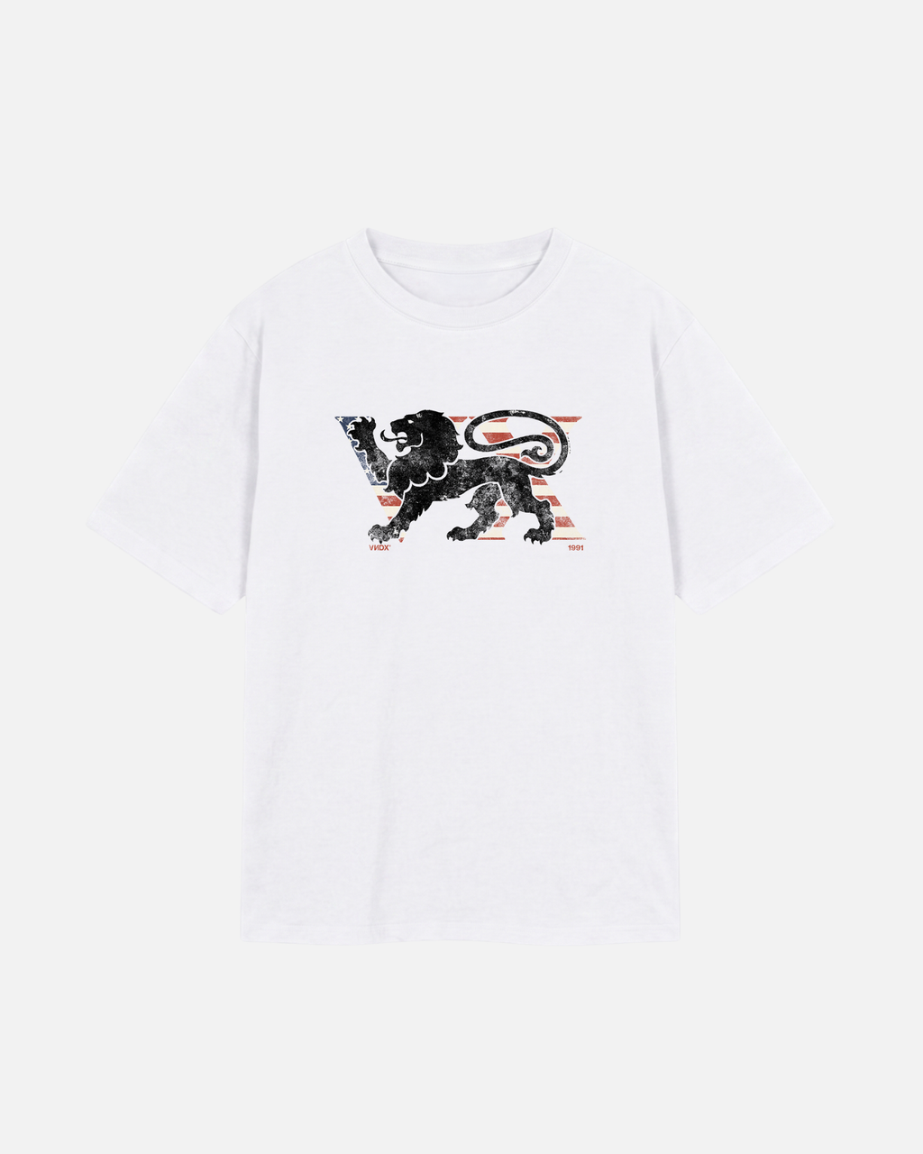 White offwhite eggshell white Vandox East Egg T-Shirt, front view with distressed black lion crest over striped VNDX lettering and 1991 detail, luxury streetwear t-shirt. Starboy old money t-shirt vandox sacrevandox vandox clothes vandox clothing