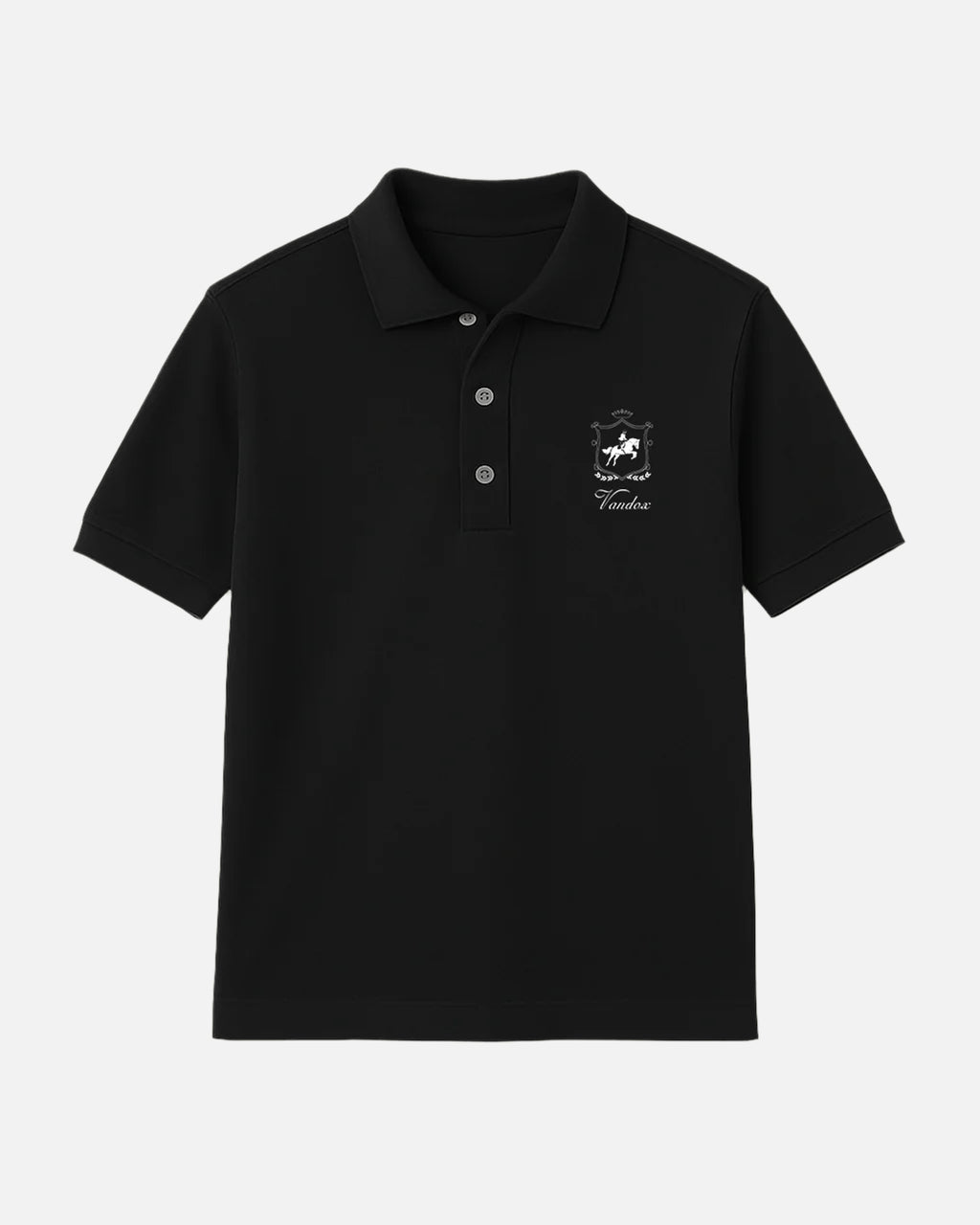 Deep Black Vandox Equinox Polo with embroidered heraldic crest and signature script, combining timeless class with contemporary starboy flair. Starboy old money polo shirt clothes vandox sacrevandox vandox clothes vandox clothing
