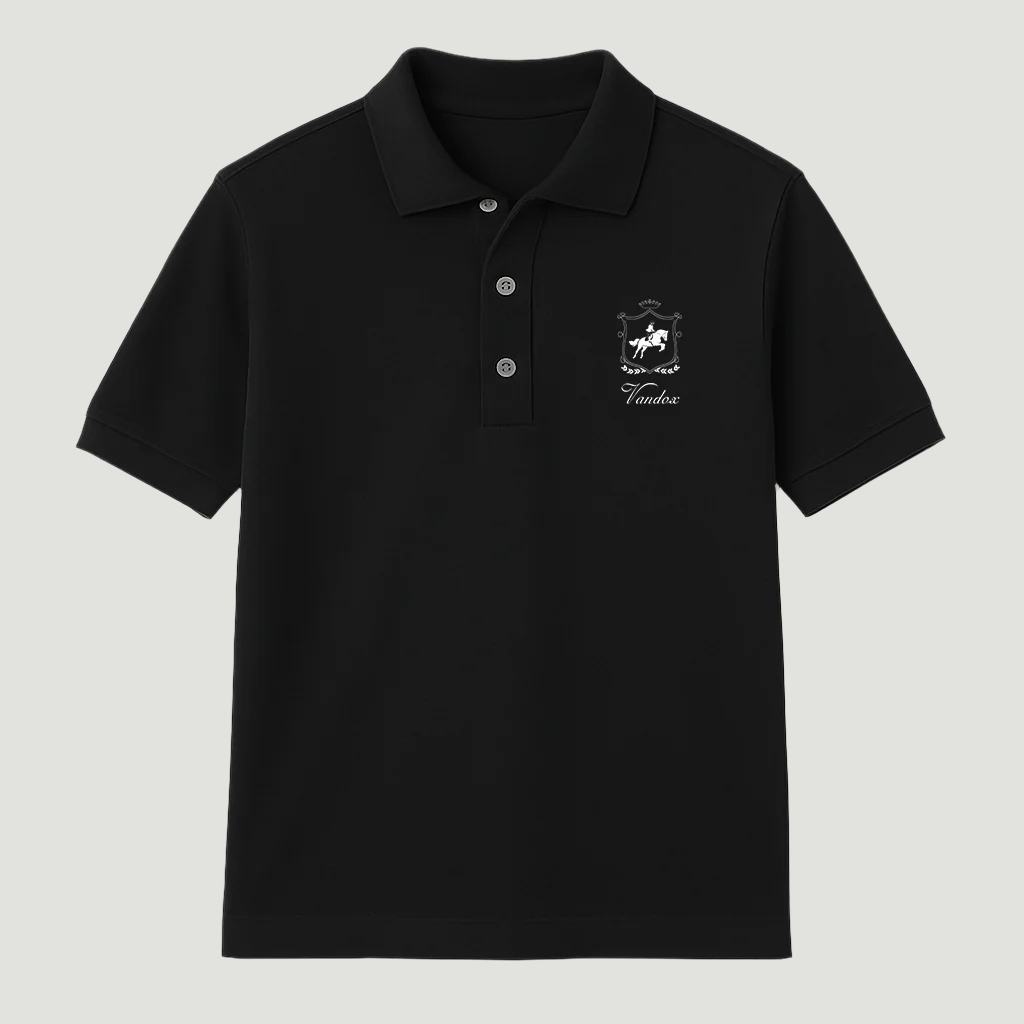 Deep Black Vandox Equinox Polo with embroidered heraldic crest and signature script, combining timeless class with contemporary starboy flair. Starboy old money polo shirt clothes vandox sacrevandox vandox clothes vandox clothing
