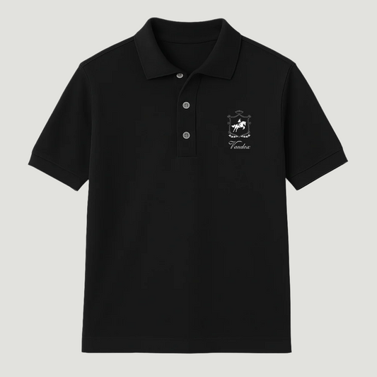 Deep Black Vandox Equinox Polo with embroidered heraldic crest and signature script, combining timeless class with contemporary starboy flair. Starboy old money polo shirt clothes vandox sacrevandox vandox clothes vandox clothing