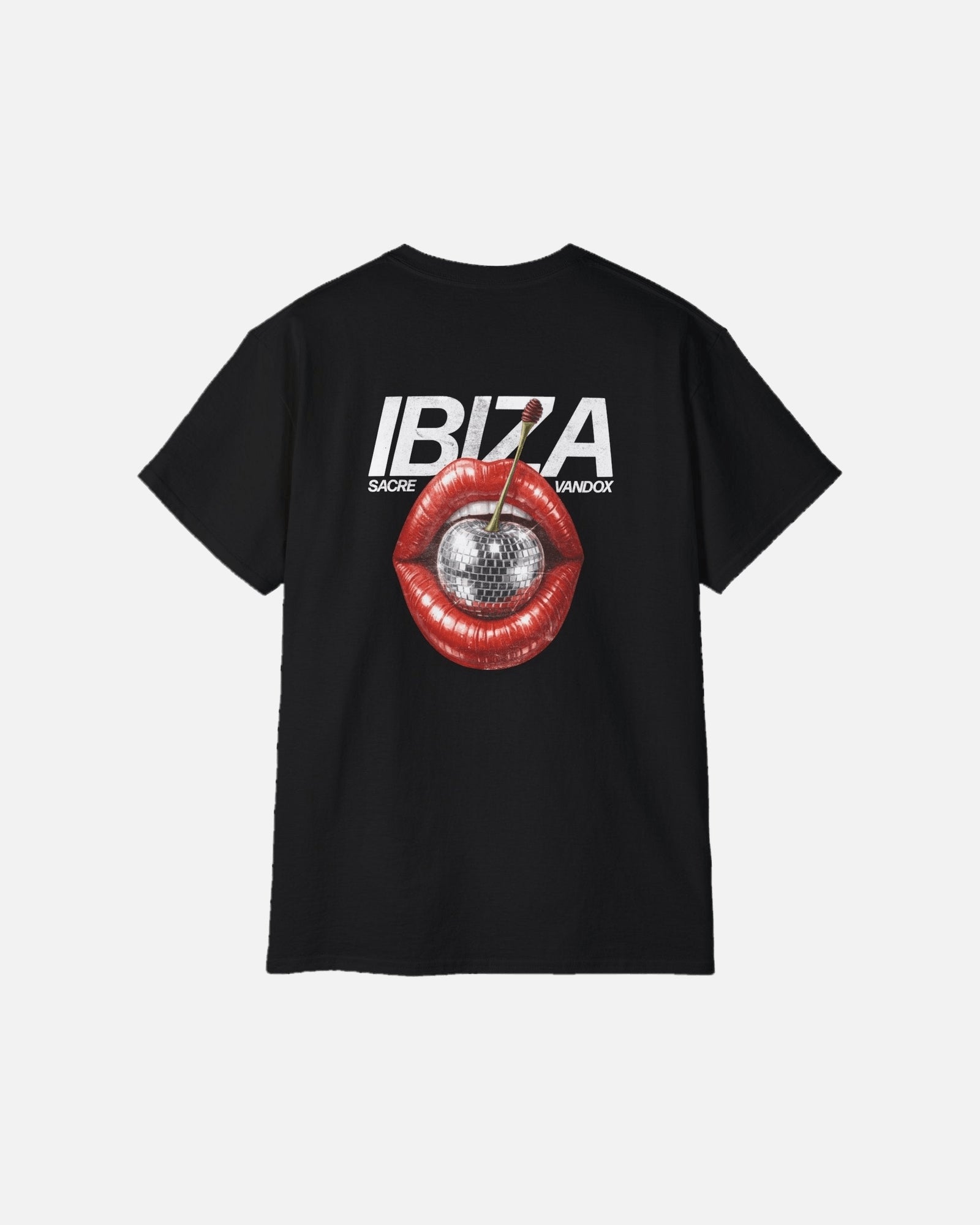 Vandox Ibiza Cherry Tee - Deep Black premium cotton t-shirt back view featuring bold Ibiza graphic with disco cherry and red lips print by Sacre Vandox, Frutta d'Estate collection.
Starboy old money shirt tshirt clothes vandox sacrevandox vandox clothes vandox clothing
