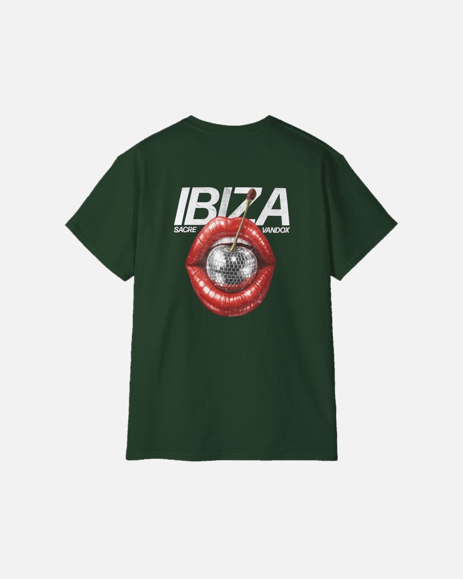 Vandox Ibiza Cherry Tee - Dark Forest Green premium cotton t-shirt back view featuring bold Ibiza graphic with disco cherry and red lips print by Sacre Vandox, Frutta d'Estate collection.
Starboy old money shirt tshirt clothes vandox sacrevandox vandox clothes vandox clothing
