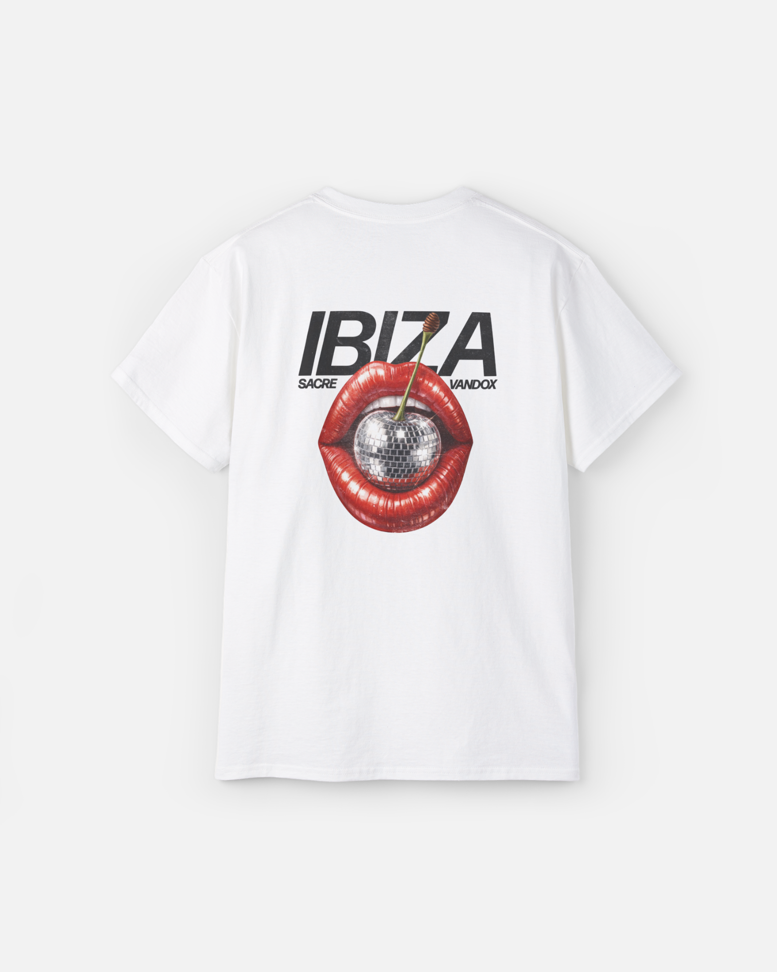 Vandox Ibiza Cherry Tee - eggshell white premium cotton t-shirt back view featuring bold Ibiza graphic with disco cherry and red lips print by Sacre Vandox, Frutta d'Estate collection.
Starboy old money shirt tshirt clothes vandox sacrevandox vandox clothes vandox clothing