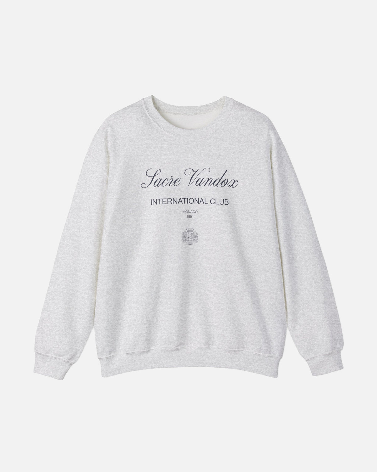 Ash sport grey heather gray Vandox Le Rocher Crewneck, front view with Sacre Vandox script, International Club Monaco 1991 text and small crest, luxury streetwear crewneck. Starboy old money crewneck sweatshirt clothes vandox sacrevandox vandox clothes vandox clothing