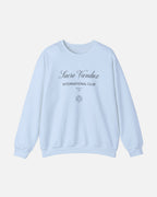 Light Blue baby blue Vandox Le Rocher Crewneck, front view with Sacre Vandox script, International Club Monaco 1991 text and small crest, luxury streetwear crewneck. Starboy old money crewneck sweatshirt clothes vandox sacrevandox vandox clothes vandox clothing