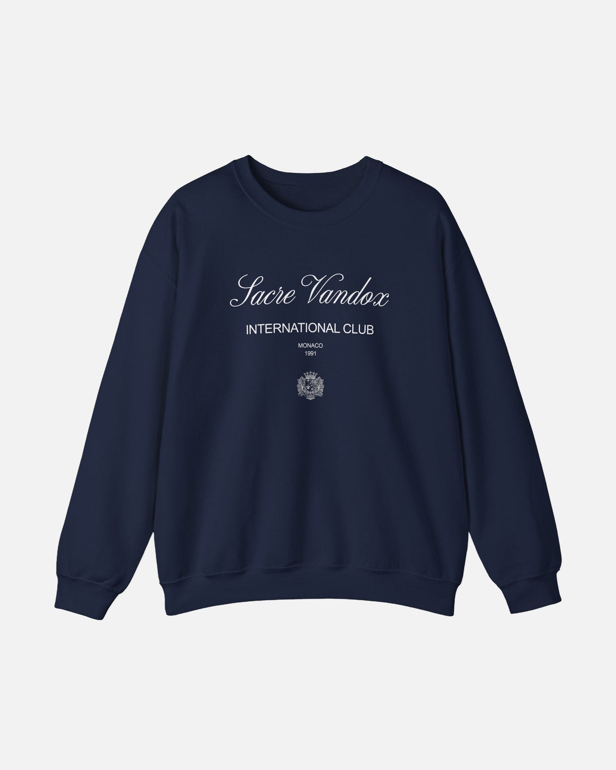 Navy dark blue deep blue Vandox Le Rocher Crewneck, front view with Sacre Vandox script, International Club Monaco 1991 text and small crest, luxury streetwear crewneck. Starboy old money crewneck sweatshirt clothes vandox sacrevandox vandox clothes vandox clothing