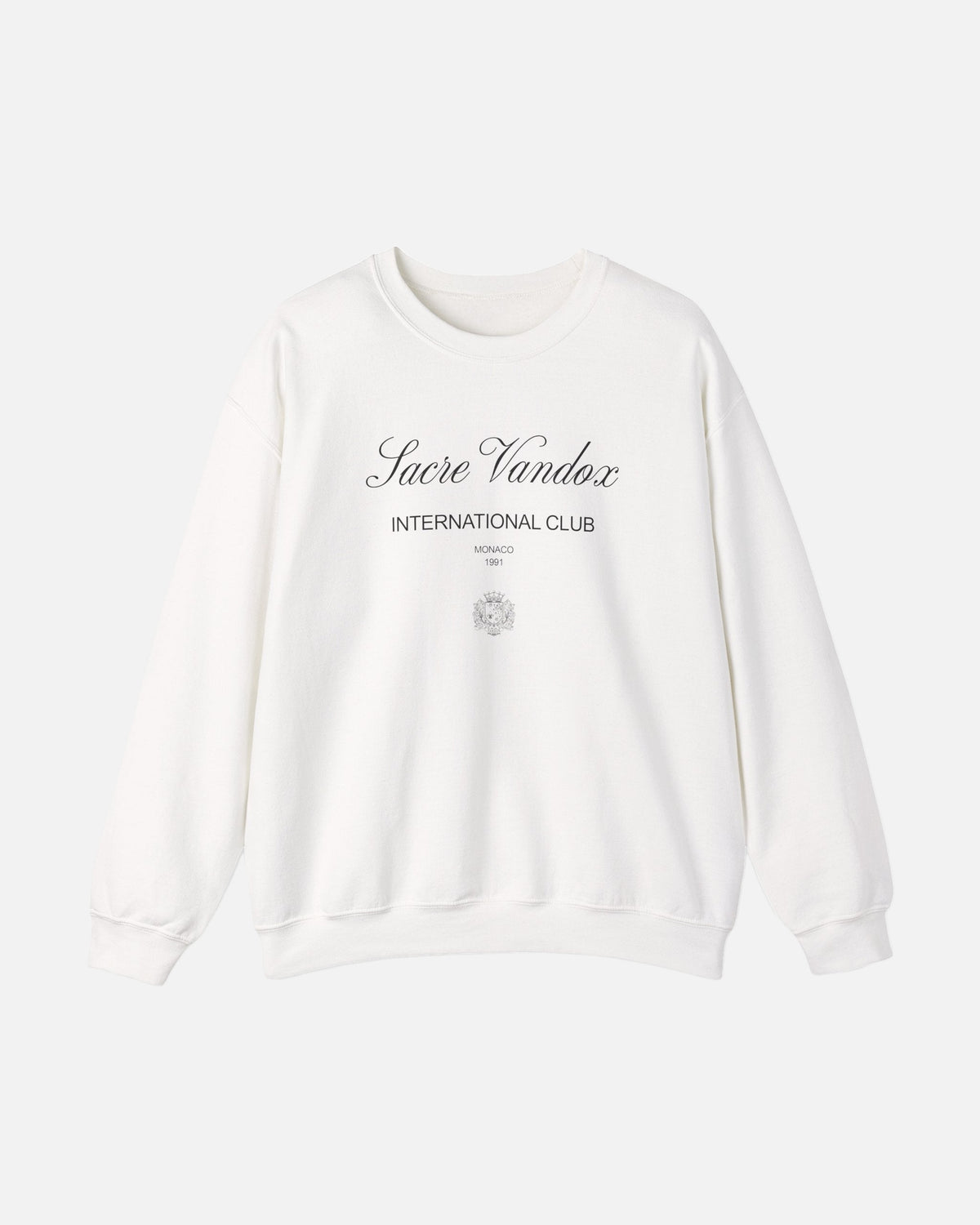White offwhite eggshell white Vandox Le Rocher Crewneck, front view with Sacre Vandox script, International Club Monaco 1991 text and small crest, luxury streetwear crewneck. Starboy old money crewneck sweatshirt clothes vandox sacrevandox vandox clothes vandox clothing