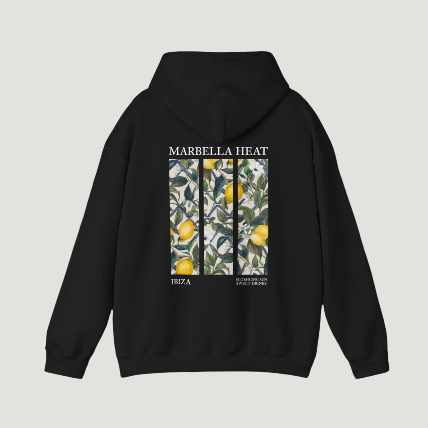 Back view of the Deep Black Vandox Marbella Heat Hoodie featuring a lemon tree pattern framed in vertical panels, with text referencing Ibiza and Marbella. Starboy old money hoodie sweatshirt clothes vandox sacrevandox vandox clothes vandox clothing crewneck