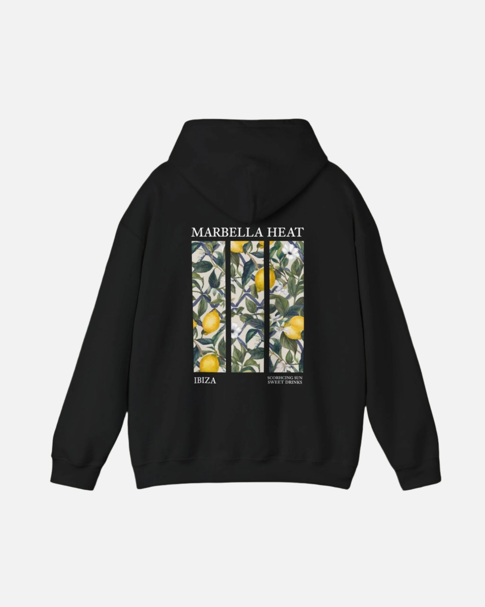Back view of the Deep Black Vandox Marbella Heat Hoodie featuring a lemon tree pattern framed in vertical panels, with text referencing Ibiza and Marbella. Starboy old money hoodie sweatshirt clothes vandox sacrevandox vandox clothes vandox clothing crewneck