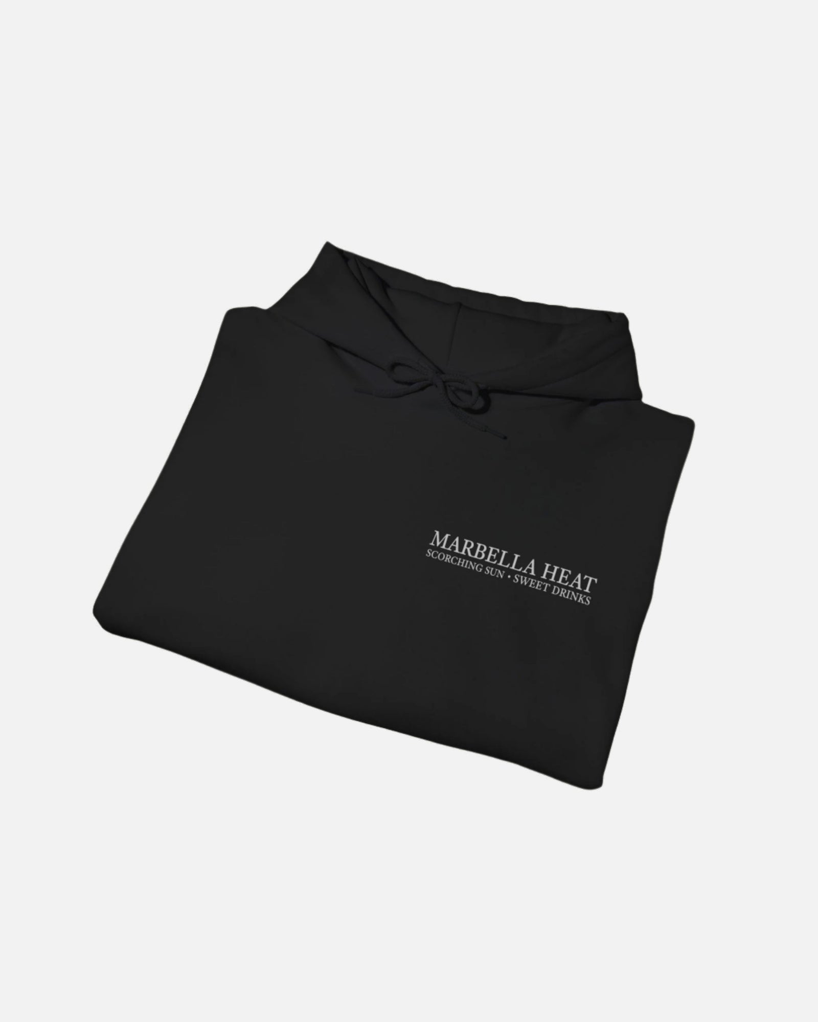 Folded view of the Deep Black Vandox Marbella Heat Hoodie featuring a lemon tree pattern framed in vertical panels, with text referencing Ibiza and Marbella. Starboy old money hoodie sweatshirt clothes vandox sacrevandox vandox clothes vandox clothing crewneck