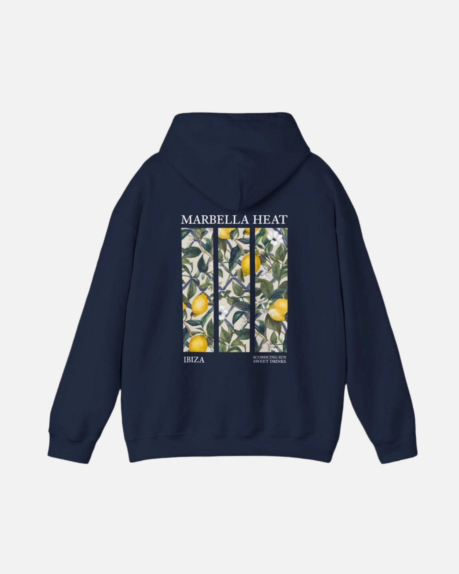 Back view of the Navy Deep Blue Vandox Marbella Heat Hoodie featuring a lemon tree pattern framed in vertical panels, with text referencing Ibiza and Marbella. Starboy old money hoodie sweatshirt clothes vandox sacrevandox vandox clothes vandox clothing crewneck